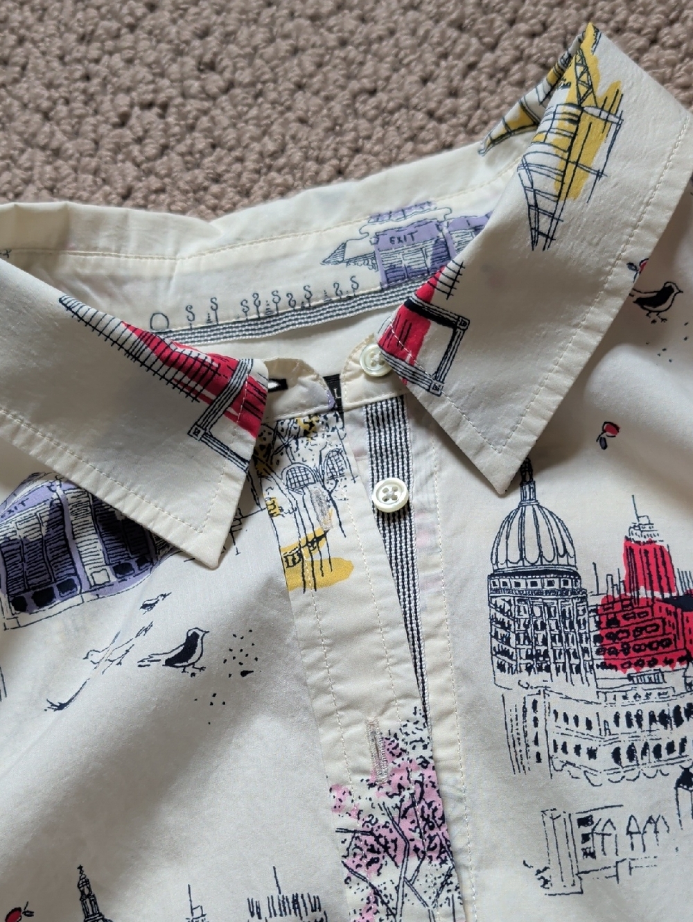 Anglophile Cream Cityscape Print Button-Up Shirt Big Ben London Eye Toile - Picture 9 of 15
